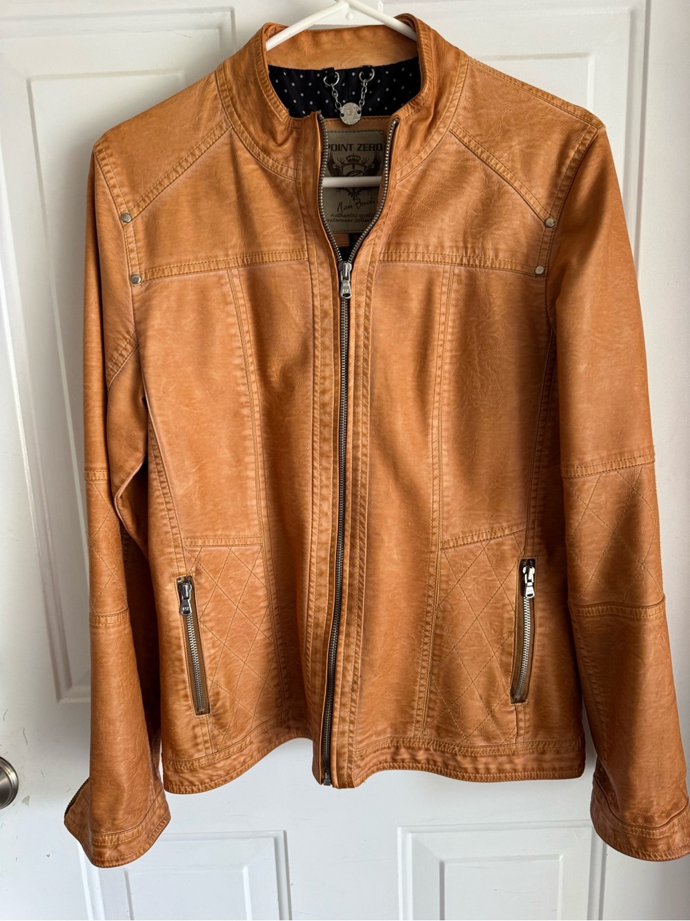 Point Zero Tan Faux Leather Zip Jacket with Polka Dot Lining